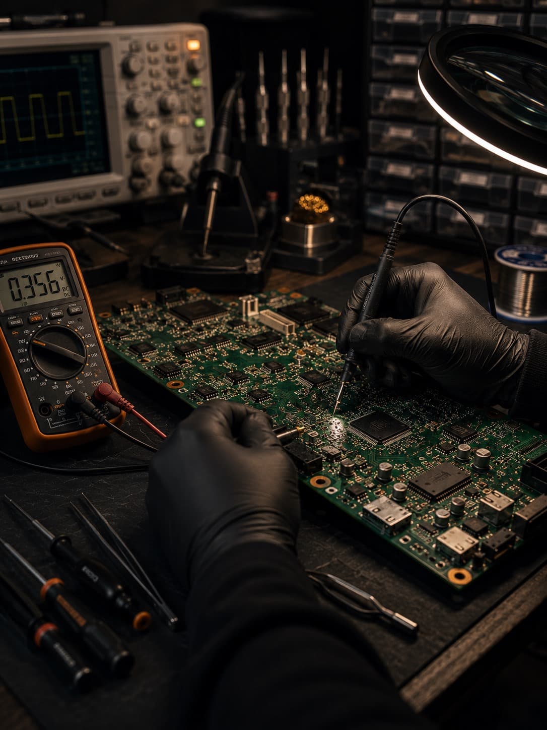 Elektronik devre kartında detaylı arıza tespiti