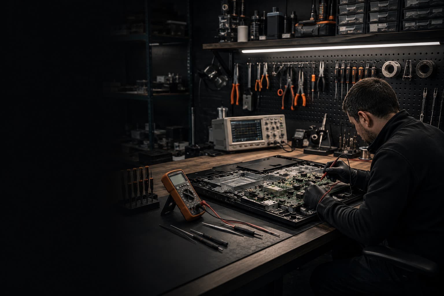 Uslu Elektronik atölyesinde televizyon kartı üzerinde ölçüm
